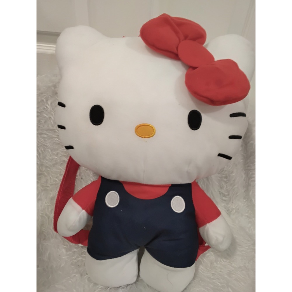 Sanrio Hello Kitty Plush Backpack Kids Red Blue Overalls 15‎ Inch Soft Bag